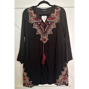 NWT THML Black Floral‎ Embroidered Long Sleeve Lined Boho Tunic Dress Small